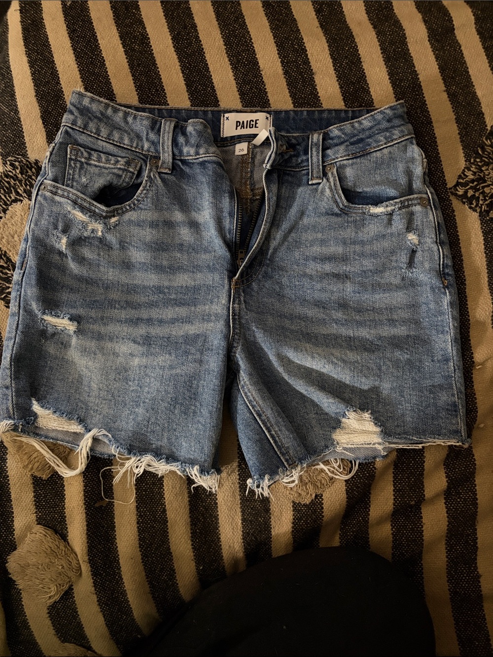 PAIGE Sarah Longline Medium Blue Distressed Raw-Hem Denim Shorts